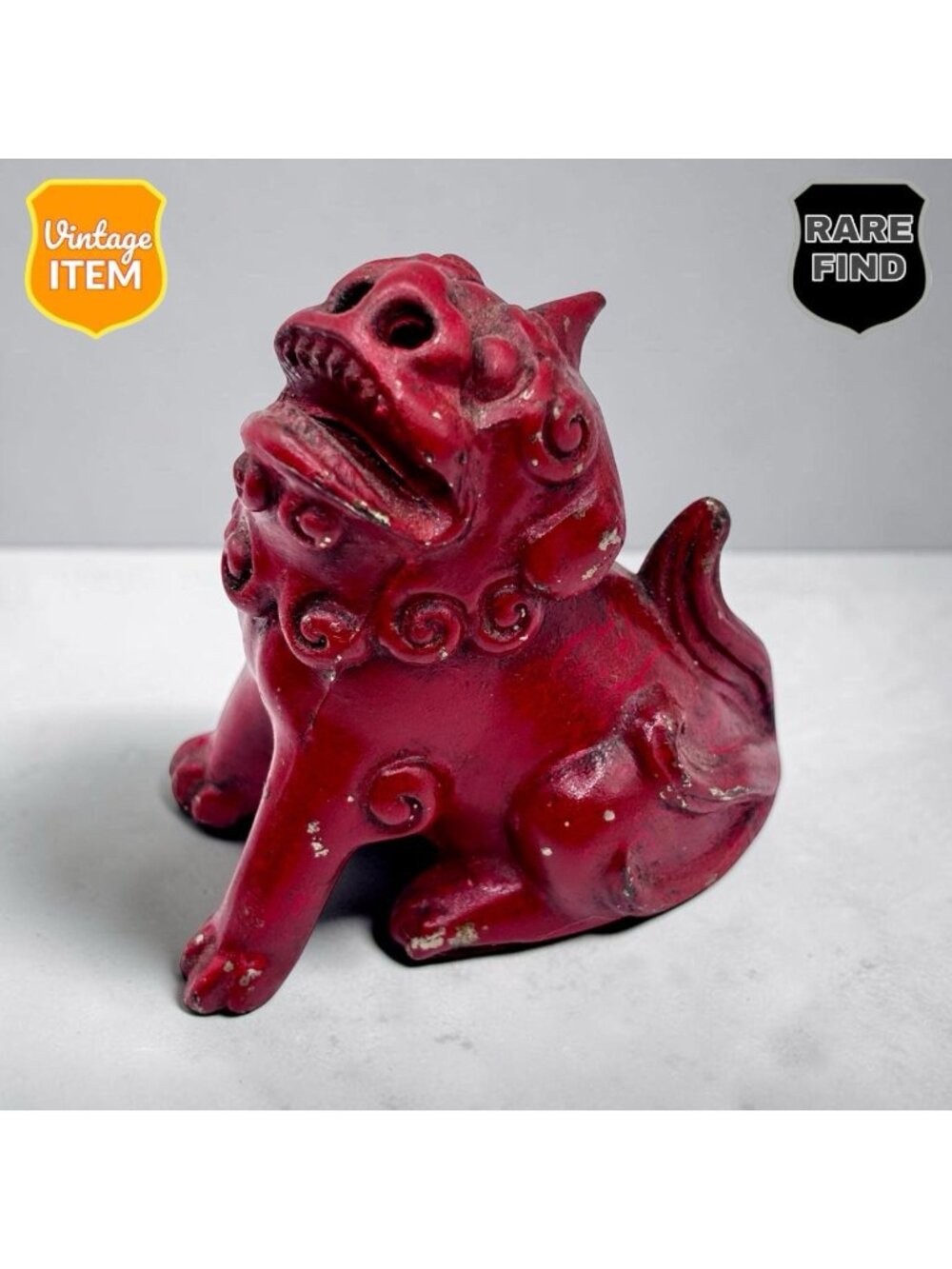 Vintage Chinese Guardian Lion Red Resin Foo Dog Figurine - 3.5โ Tall.